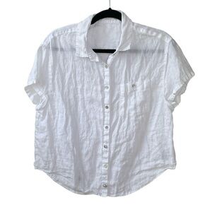 White Linen Button Front Short Sleeve Blouse S